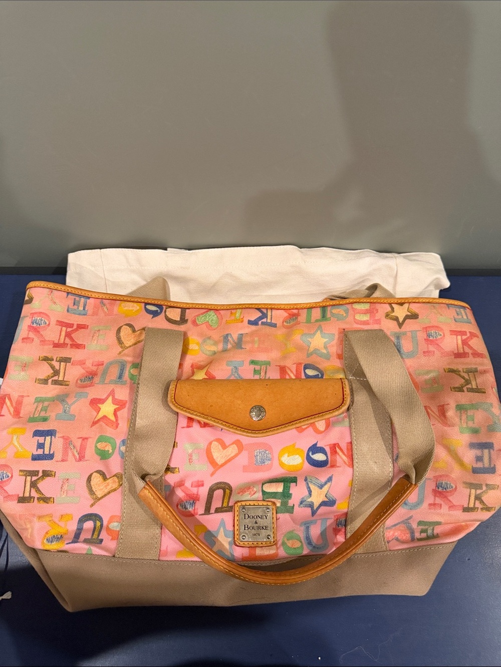 Dooney & Bourke Pink Multicolor Alphabet Canvas Tote with Tan Trim
